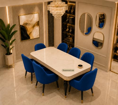 Image of 6 Seater Dining Table Set with 6 Upholstered Chairs Included, Nano Composite Marble Top, Solid Wood Base, 2 Year Warranty - Modern Dining Room Furniture (Blue)