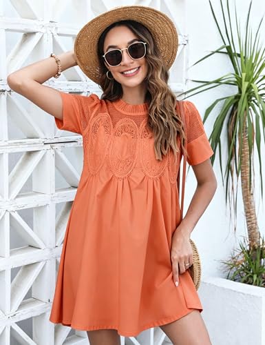 Image of Shiyifa Womens Babydoll Lace Patchwork Dresses Summer Short Sleeve Ruffle Sundress Loose Crew Neck A-Line Dresses