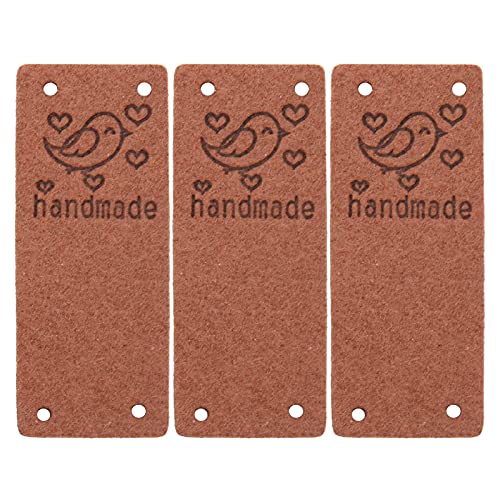 100pcs Handmade Leather Labels, Leather Labels with Love Hearts and Bird Handmade Embossed Crochet Tags with Holes for Crafts Knitting Sewing Hats Purses Clothing(Brown)