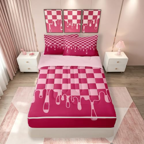 Image of Hot Pink Checkered Zipper Bedding Queen Checkerboard Drip Zip Up Bedding Set for Boys Kids,Cool Aesthetic Modern Geometric Bed in a Bag Comforter with Fitted Sheet and 2 Pillowcases Y2K Room Decor
