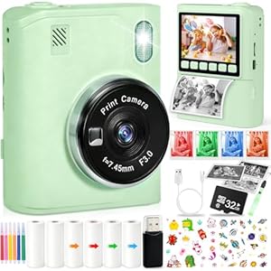 ITMNMNL Appareil Photo Enfant,1080P Appareil Photo Instantané, 2,4" Écran, avec Carte de 32GB,Lecteur de Cartes,6 Rouleaux de Papier d'impression,Appareil Photo Numérique Enfant pour Enfants 3-12 Ans