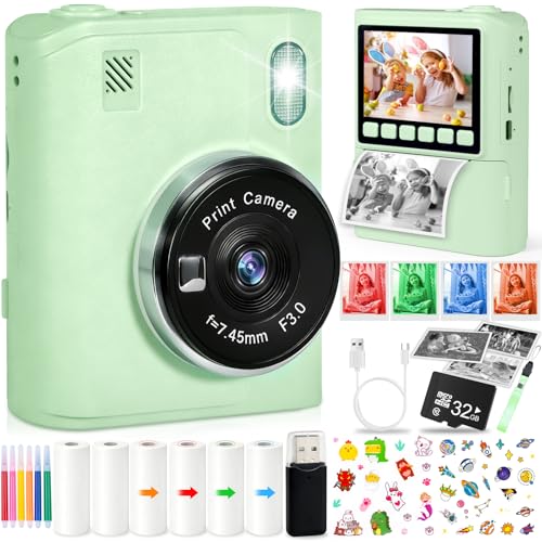 ITMNMNL Camara Fotos Infantil Instantanea,1080P Camara Fotos Infantil,2,4 Pulgada con Tarjeta de 32GB y Papel Fotografia,Juguete Cámara Instantánea Regalos para Niños y Niñas de 3-12 Años