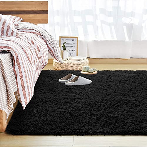 Image of Handmade 2 Inch Pile Height Super Soft Touch Export Quality Plain Shag Rectangular Carpets For Home Size 10 X 14 Feet Color Black