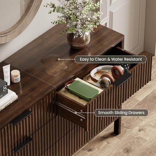 Image of 55 Inch Wide Fluted 6 Drawer Dresser for Bedroom, Wooden Dresser Modern Chest of Drawers TV Stand Dressers with Organizer Storage for Bedroom, Living Room, Entryway, Walnut