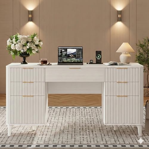 ZenXity White Desk with Drawers 55 Fluted Executive Desk with Storage Cabinet Wood Home Office Desk with File Cabinet Modern Computer Writing Desk for Study Living Room Bedroom