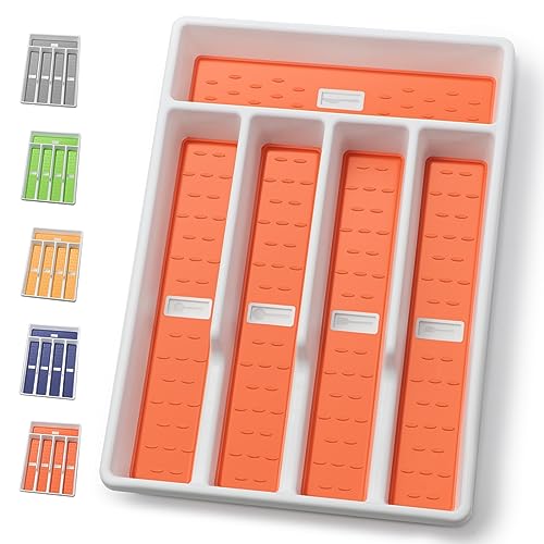 CherHome Organizador de cubiertos con iconos de cubiertos, bandeja de cubiertos para cajón de cocina, cubiertos de plástico, organizador de cajones de cubiertos con forro TPR antideslizante, 5