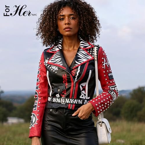 ForHer NYC Women's Punk Faux Leather Jacket, Black/Red, S-2X, Studded Accents, Zebra Print - 817633