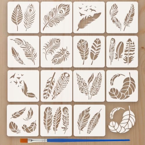 FINGERINSPIRE 15Pcs Pochoir à Plumes Réutilisable de 15x15cm Avec Pinceau en Plastique pour Dessiner Des Oiseaux Volants Magnifiques Pochoirs à Plumes...