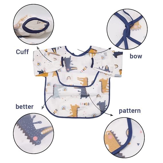 Image of Waterproof Long Sleeve Cotton Baby Bibs, Reusable With Catch-All Pocket, Washable And Lightweight Fabric, Fits Bibs For Baby 6 Months+ Age