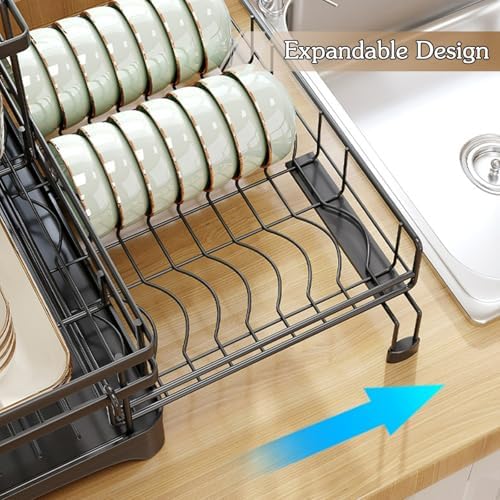 Dish Drying Rack, Bottom Expandable Large Capacity Dish Racks Drainer with Drainboard/Utensil for Kitchen Countertop, Multifunctional Dish Drainer, Automatic Drainage(Large)