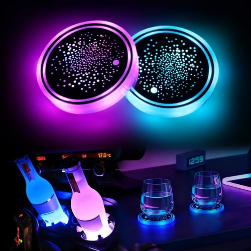 GSOWO Rotating LED Cup Holder Lights for Car, [7-Color & 21 Modes] Dual Switchable Modes (Vibration/Constant-On) Interior Decor for Car/Home/Party, Rotating Luminous Starry Sky, 2PCS