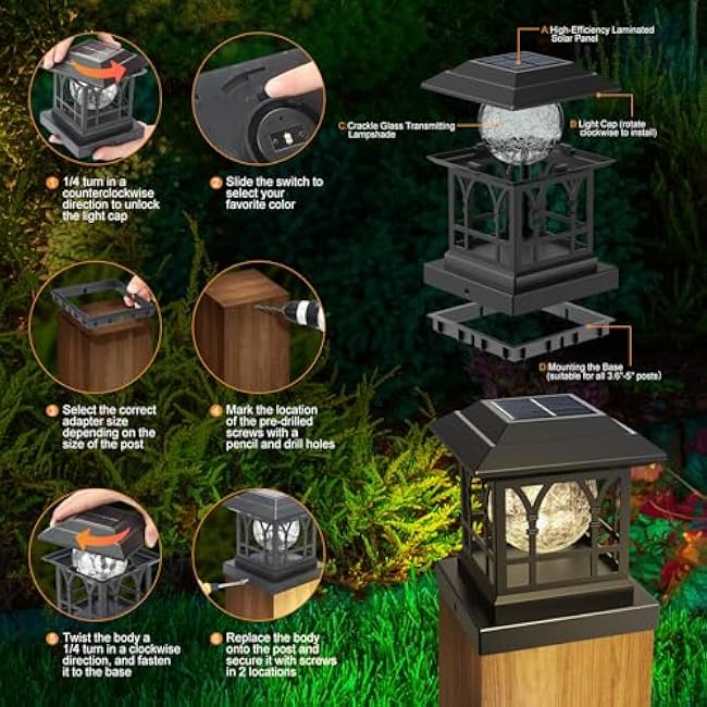Fence Post Solar Lights, Crackle Glass Solar Post Cap Lights, 20 Lumens, Warm White & RGB Automatic Cycling 2 Modes for 3.6x3.6 4x4 4.5x4.5 5x5 Vinyl Wooden Posts Decoration, Black (6 Pack)