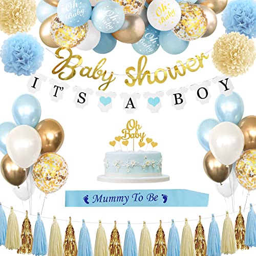 Sancuanyi Baby Shower Decoração para crianças, balão azul bebé Shower para criança, decoração Baby Showers azul branco com faixa para mãe, balões, Banner It's a Boy para duche bebé crianças