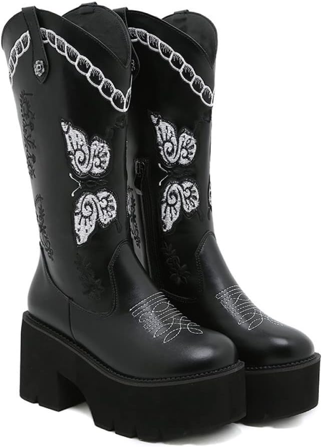 Onlymaker Knee High Platform Boots for Women Chunky Heel Embroidered Butterfly Western Cowboy Cowgirl Boots