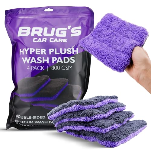 Brugs HyperPlush Wash Pads 4 Pack | 800 GSM 70/30 Premium Microfiber | Scratch-Free Car Wash Pads with Grip Thumb Hole