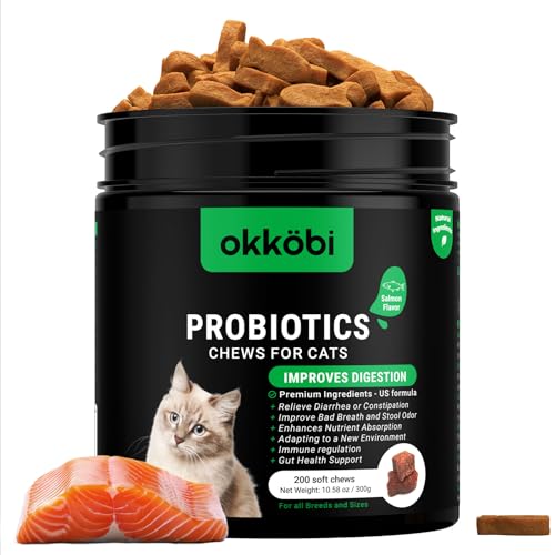 Probiotics for Cats Chews 200PCs - Digestive, Gut Health & Diarrhea Support - Probiotic Chews for Feline - Expert Approved US Formula with Cat Probiotics, Enzymes & Natural Ingredients - Salmon