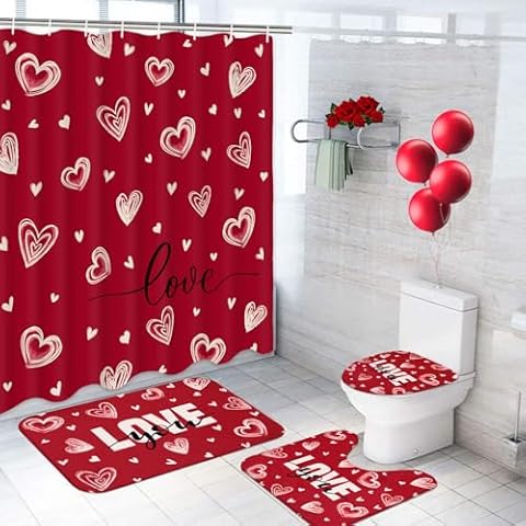 Likiyol Valentines Day Shower Curtain Sets with Rugs, Red Love Heart Bathroom Set with Shower Curtain and Rugs, Romantic Bathroom Decor Sets for Valentines Decorations Cover