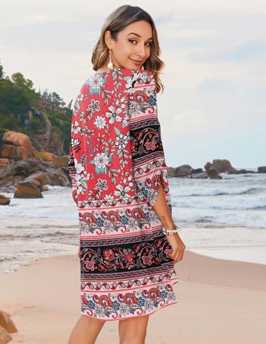 Image of Zeagoo Womens Boho Dresses Casual Beach Summer Dress Tassel Tie Neck 3 /4 Long Sleeve Mini Sundress 2026 Floral Print Cover Up