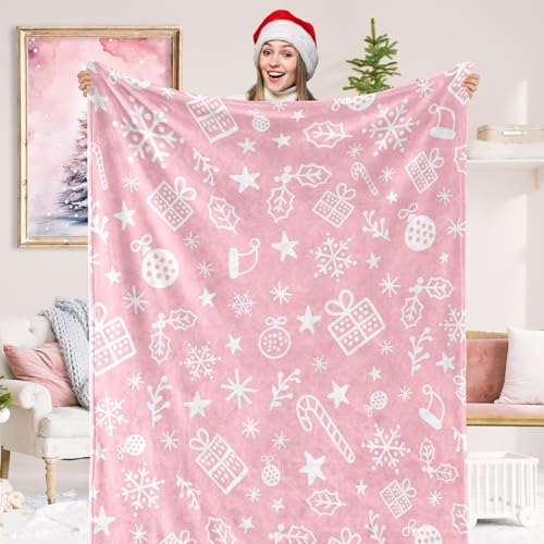 JarThenaAMCS Christmas Fuzzy Flannel Blanket 60 x 50 Inch Pink White Snowflake Gift Box Soft Throw Blanket for Winter Xmas Home Chair Sofa Couch Bed
