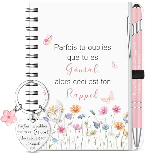 Sinmoe 3 Pièces Coffret Cadeau Motivant Comprend Cahier à Spirale Floral Inspirant avec Boucle de Stylo Stylo à Bille Rose Porte-Clés Motivant Cadeau pour Amis Amoureux Collègues Retraite Noël