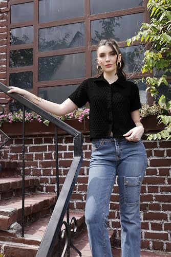 Image of Zilcon Women's Textured Polo Collar Shirt | Short Sleeve Button-Down Casual Crop Top | Soft Stretch Everyday Fashion Shirt