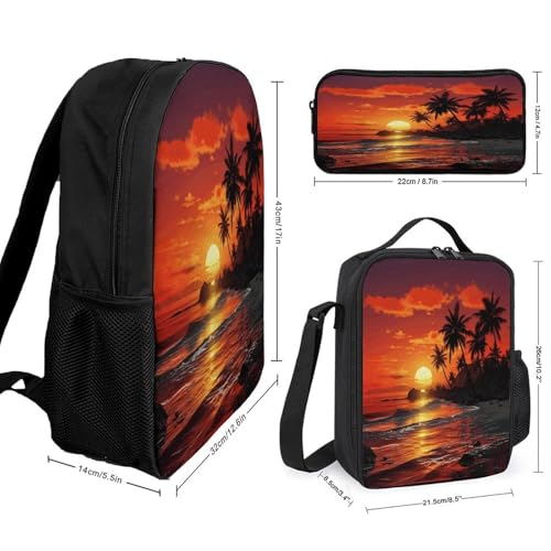 Printed Backpack With Lunch Pack Storage Box Case Tropical Sunset 3pcs Lightweight Travel Backpack2