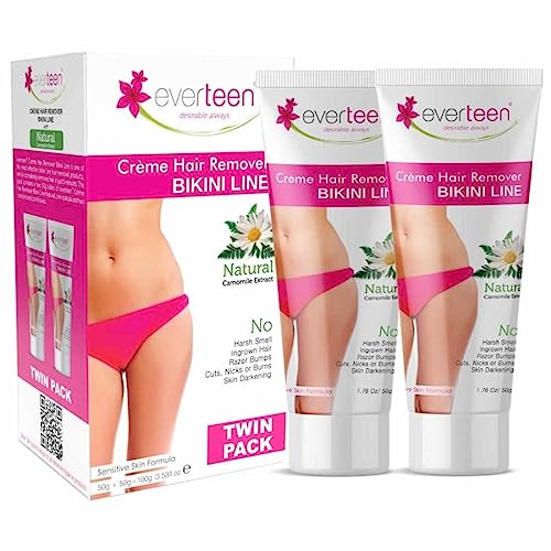 Image of everteen Hair Removal Cream for Women & Girls, Painless Hair Remover Cream for Bikini Line and Underarms, No Harsh Smell, Skin Darkening or Rashes - Twin Pack 50g+50g