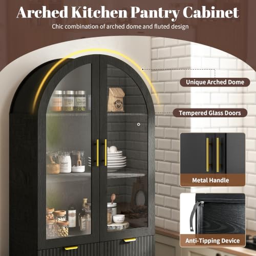 Image of Pamapic 71 inch Tall Arched Cabinet with Glass Doors, Fluted Kitchen Pantry Cabinet, Modern Wood Storage Cabinet with Adjustable Shelves, Curio Display China Cabinet for Dining Room, Living Room(Black)
