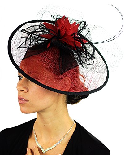 NYFASHION101 Cocktail Teardrop Shaped Sinamay Headband w/Face Veil - Red