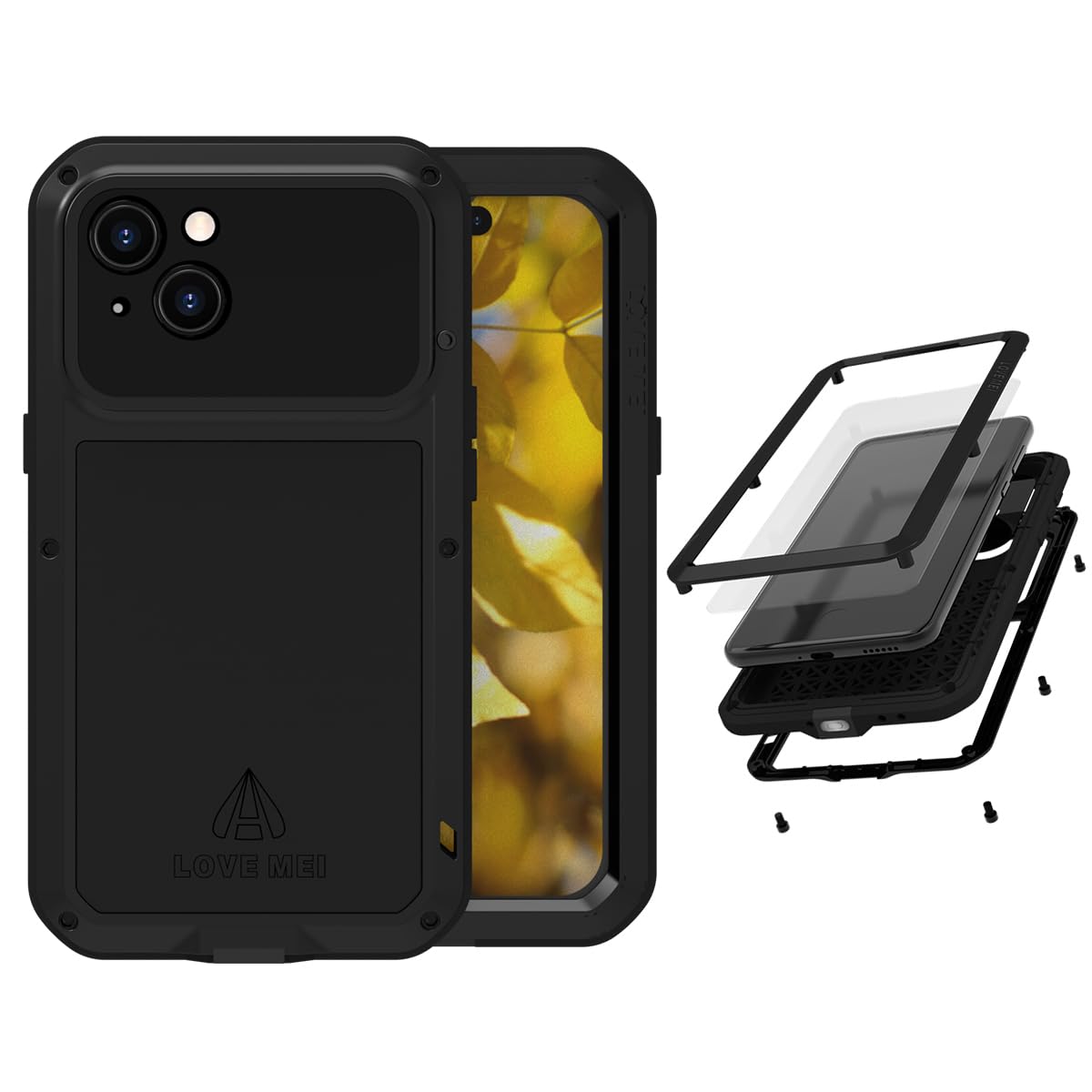 LOVE MEIfor iPhone 15 (6.1) Metal Case, Heavy Duty Metal Military Grade Shockproof Dustproof Full Body Case with Built in Tempered Glass Screen Protector for iPhone 15 (Black)