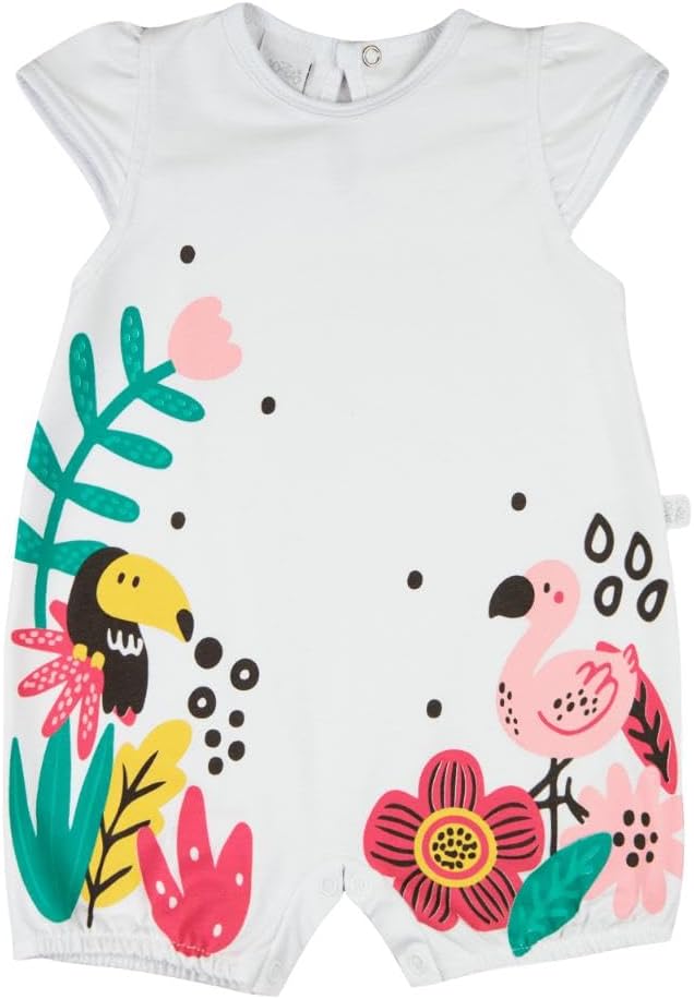Macacão Bebê Menina Verão Sem Mangas Suedine Silk Screen Tucano e Flamingo – Branco