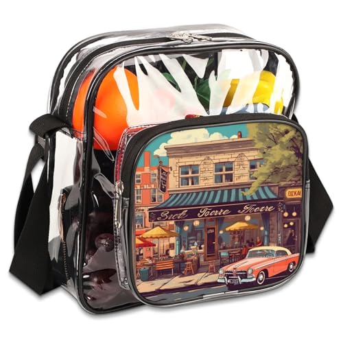 Clear Crossbody Bag Stadium Approved Street Landscape Transparent Bag for Festivals, Sports Events, Concerts,Beach Bag for Women Men Clear Purse with Front Pocket Messenger Bag with Adjustable Strap