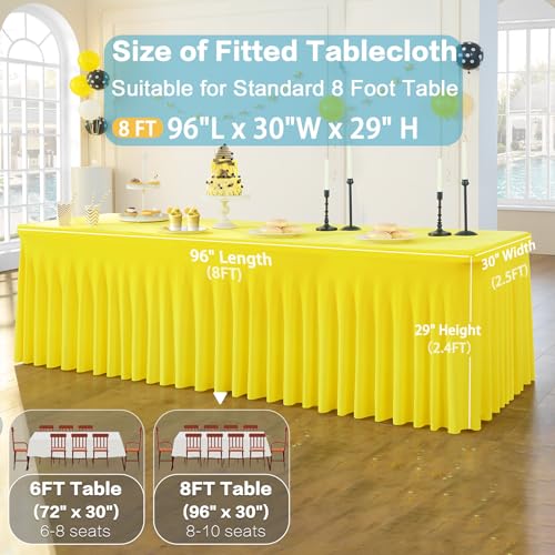 Image of 3 Pack Yellow Spandex Tablecloth for 8 Foot Rectangle Tables, Wrinkle Free Fitted Table Cloth Cover 8ft Yellow Stretchy Tablecloths with Skirt for Parties Weddings Birthday Banquet Baby Shower