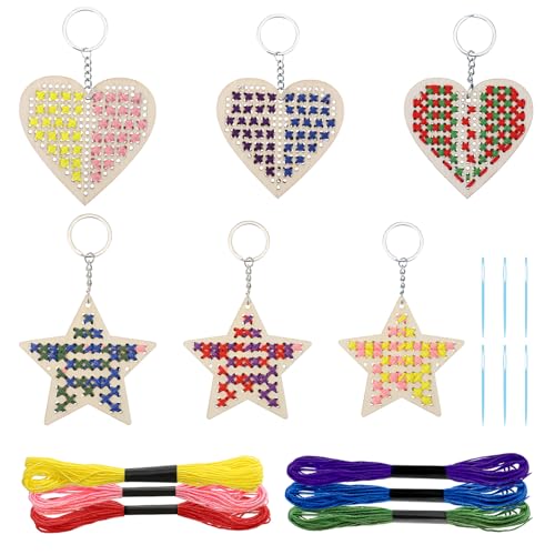 Image of Ymapinc Beginner Embroidery Cross Stitch Keychain, 6Pcs Mini Sewing DIY Key Chains for Beginners Age 5-8, Small Cross Stitch Wood Pentagram and Heart Shaped Needles Sewing