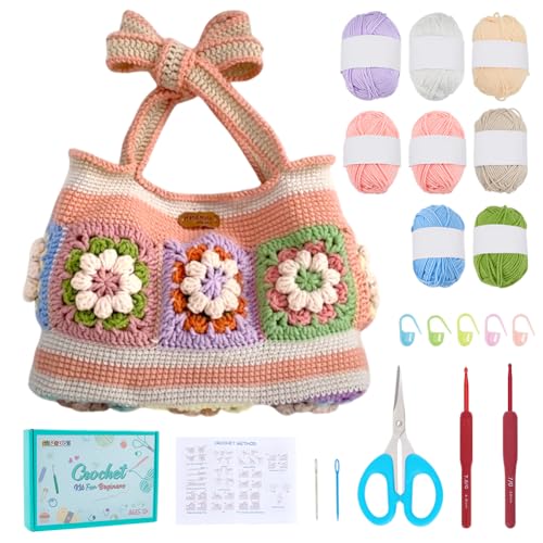 FREEBLOSS Kit de bolsa de crochê para iniciantes, bolsa quadrada de crochê para vovós, girassol, kit de sacola feminina com tutoriais em vídeo passo a passo kit de tricô para adultos