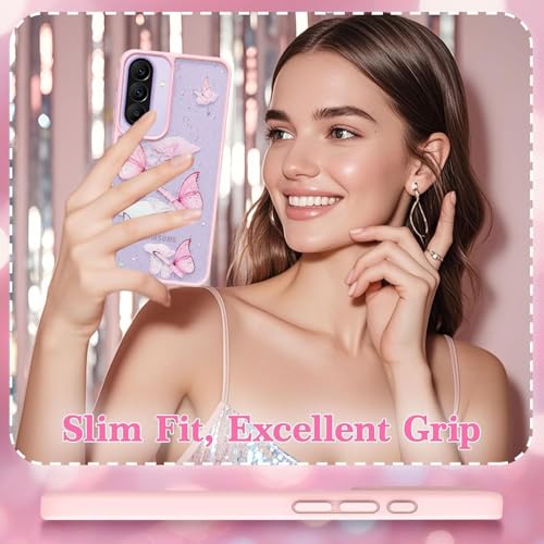 Image of VONZEE for Samsung Galaxy A57 Clear Glitter Butterfly Case, Cute Bling Sparkle Shiny Soft Silicone TPU Bumper Shockproof Women Girls Slim Protective Phone Cover for Samsung Galaxy A57, Pink