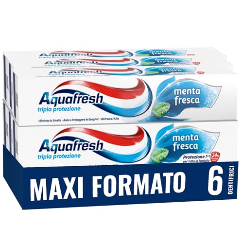 Aquafresh Tripla Protezione, Dentifricio 3 in 1 per tutta la Famiglia, Denti Forti, Gengive Sane, Alito Fresco, Gusto Menta Fresca, Maxi Pacco 6 x75ml – 450ml
