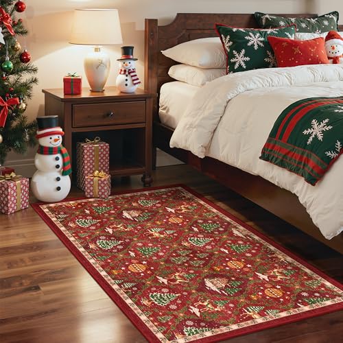 Madane Christmas Area Rug 2x3, Small Washable Red Entryway Carpet Xmas Holiday Decor Accent Kitchen Non Slip Soft Low Pile Floor Doormat Indoor Throw Rug Entry Bedroom Entrance