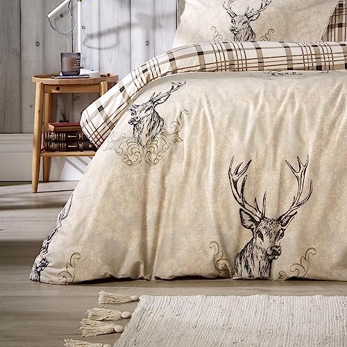 Olivia Rocco Stag Duvet Cover Set Cosy Highland Cotton Rich Quilt Covers Reversible Check Premium Bedding Bed Linen Sets, Double Natural - Image 4