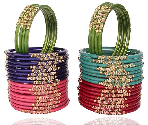 Image of NMII Glass with Zircon Gemstone and Beads Studded Bangle set for Women and Girls