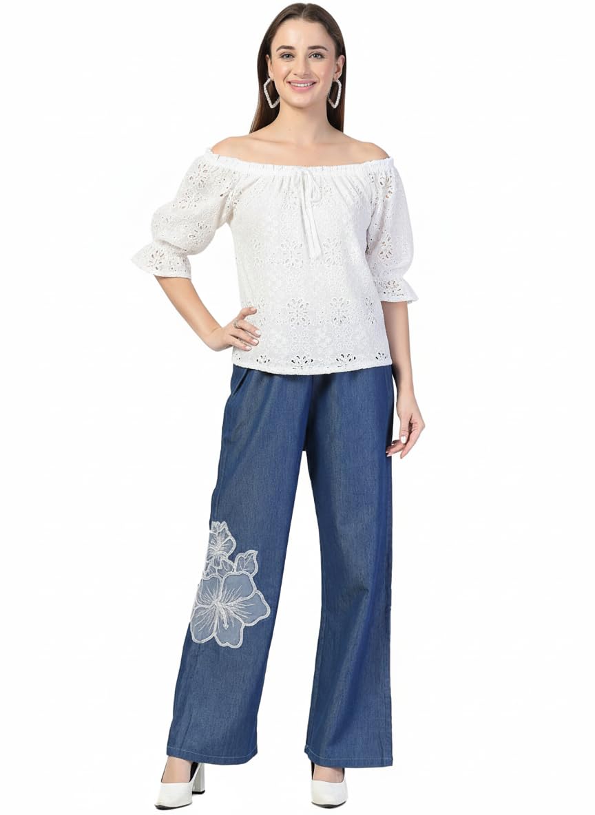 omasu fashion Women's Denim Cotton Blend Mid RIS Regular Fit Palazzo Pants Regular Fit Palazzo Pants with Floral Design, Blue-picture-31