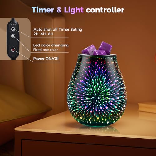 Image of Inrorans Glass Electric Wax Melt Warmer Oil Burner with Stable Heating PTC Reusable Silicone Tray 7 Colorful Changing Led Light Night Light Scent Warmer for Home Fragrance Warmers-Fireworks Timer