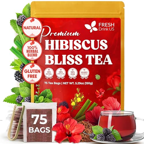 Image of FreshDrinkUS, Hibiscus Bliss Tea | 75 Tea Bags | Herbal Tea Blend with Hibiscus Flower, Rooibos, Blackberry Leaves, Lemongrass & Lemon Balm - Naturally Caffeine-Free, Vibrant & Refreshing Tea. Vegan
