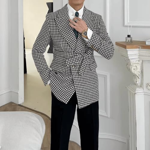 Mens Houndstooth Grid Plaid Check Blazer Business Dress Slim Fit Tweed Jacket Winter Coat2