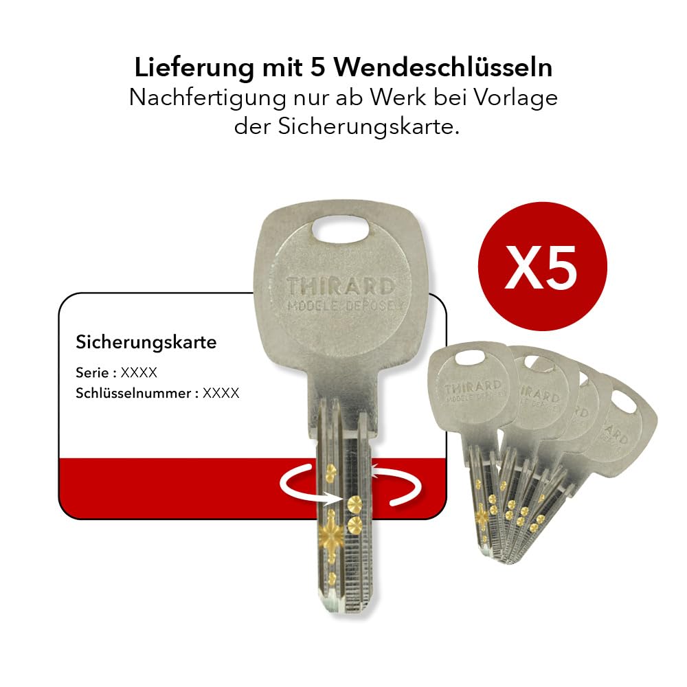Transit 2 Schließzylinder 35 x 35 mm – Sicherheitssystem mit Nickel-Finish – für Eingangstür – Notfunktion – hergestellt in Frankreich – Lieferung mit 5 langen Schlüsseln THIRARD