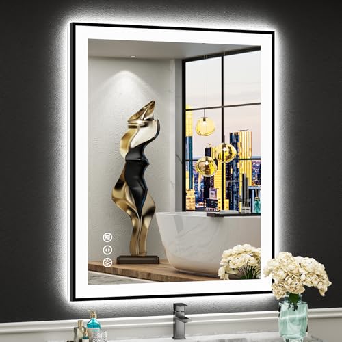 Image of 28x36 Black Framed LED Bathroom Mirror with Lights, Backlit and Front Lit Anti-Fog Lighted Vanity Mirror for Bathroom Wall, Dimmable, 3 Colors, Memory, Shatter-Proof, HD Tempered Glass, CRI 95