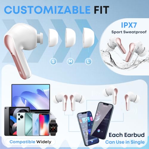 Image of Wireless Earbuds Bluetooth 5.4 HiFi Stereo Headphones with Noise Cancelling Mic, 50H Playback In Ear Buds with LED Digital Display, IPX7 Waterproof Earphones for Office /Running /Workout (Rose Gold)
