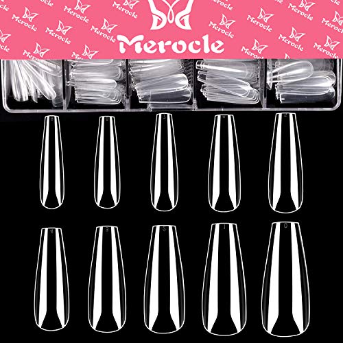 Clear Coffin Nails, Full Cover Long Ballerina Nails Merocle 500PCS Acrylic Fake Nails Full Coverage False Nail Tips for Nail Salons and DIY Nail Art,10 Sizes