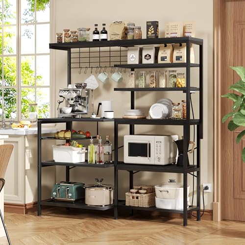 Image of iabifo L-Shaped Bakers Rack with Power Outlet, 6-Tier Microwave Stand with Open Storage, Kitchen Shelf with Hooks, Coffee Bar with Wire Basket, Black