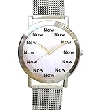 " Now"は、時間を1時間ごとのホワイトダイヤルをon BrushedクロームユニセックスサイズWatch withステンレススチールメッシュバンドの
